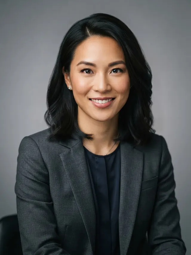 Professional AI headshot of a woman in a charcoal blazer on a studio gray backdrop