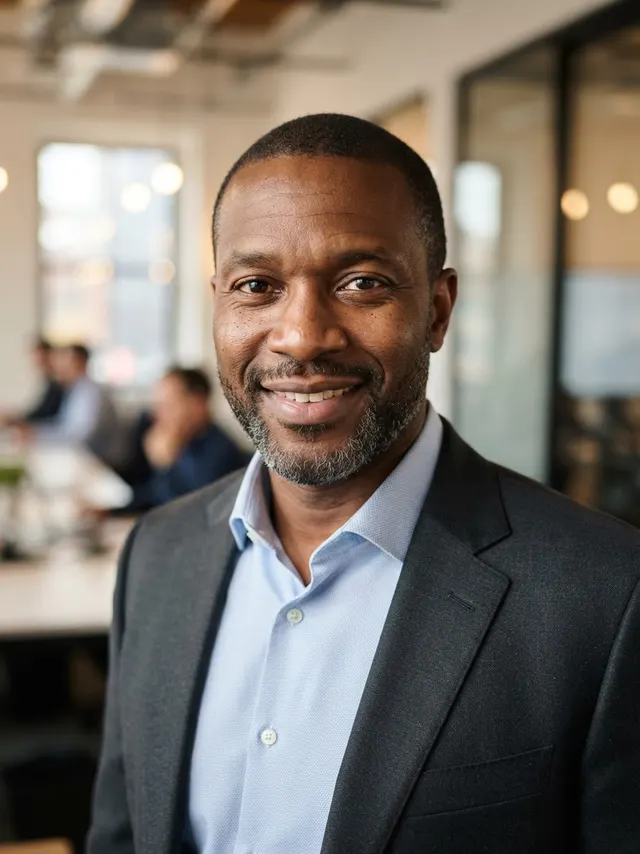 Professional AI headshot of a man in a light blue shirt on a modern office backdrop