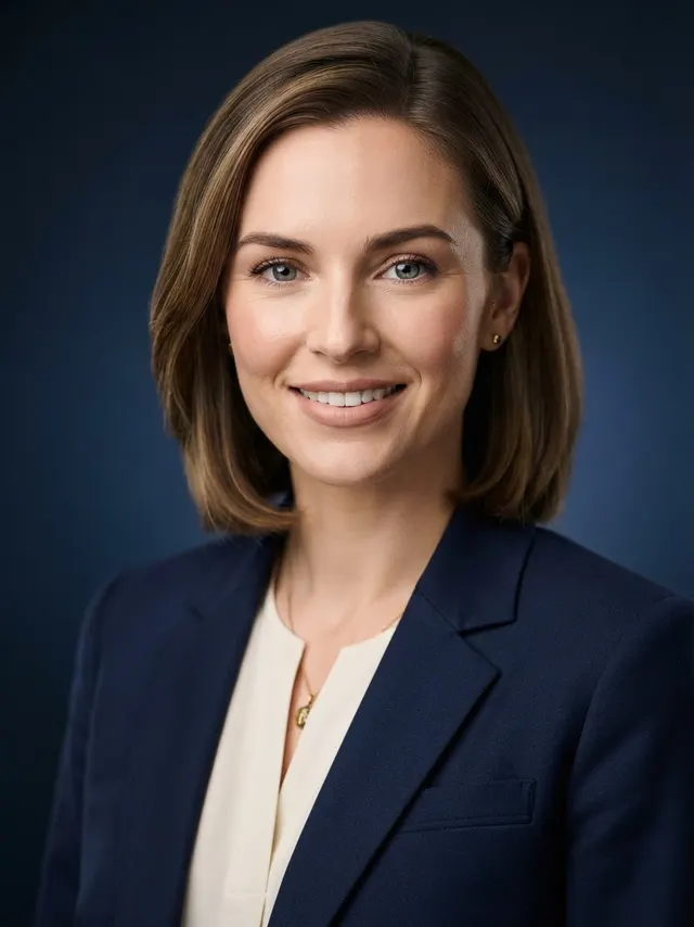 Professional AI headshot of a woman in a navy blazer on a deep blue backdrop