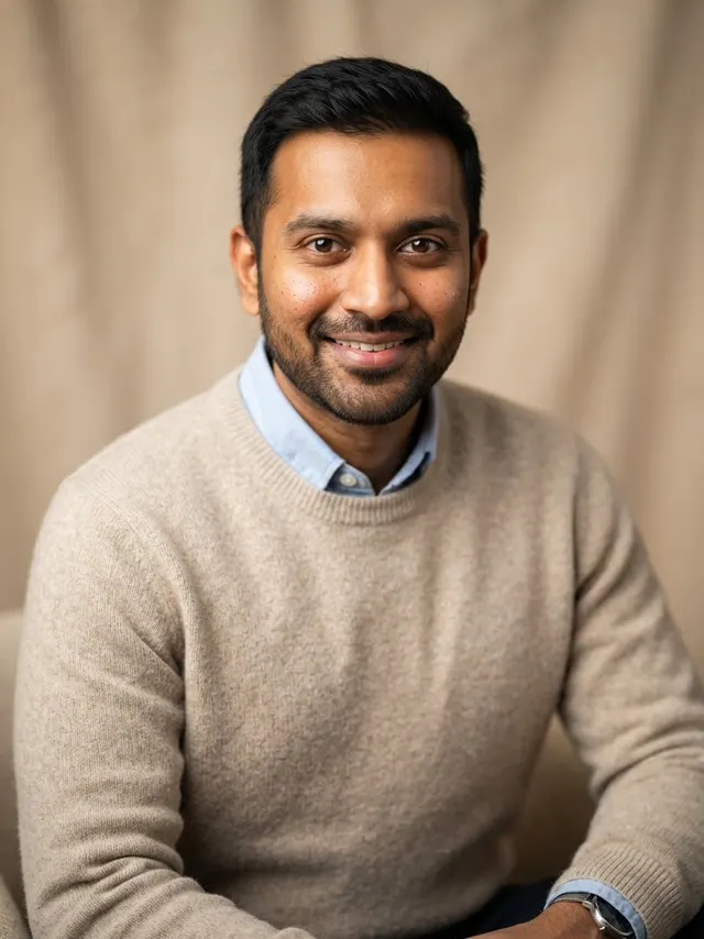 Professional AI headshot of a man in a beige sweater on a warm beige backdrop