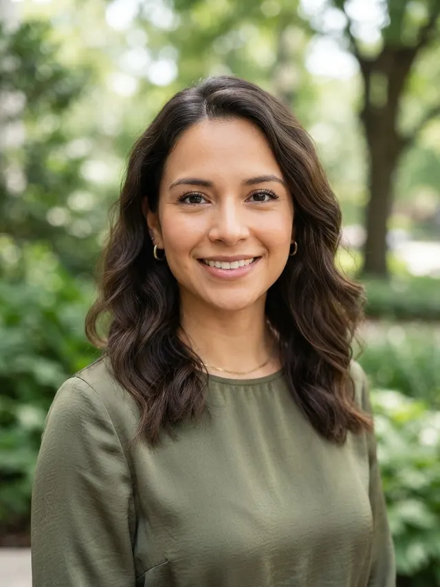 Professional AI headshot of a woman in an olive blouse on an outdoor backdrop