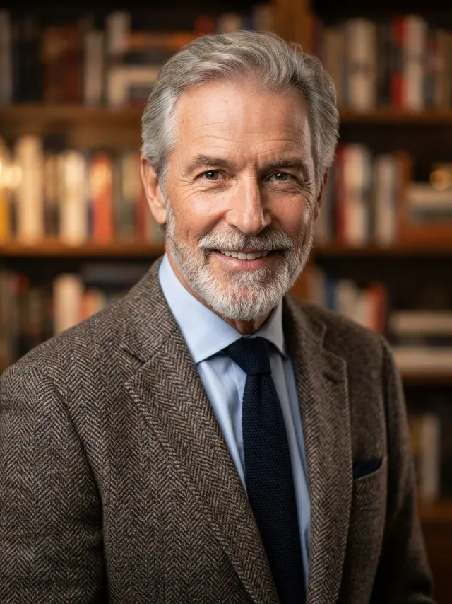 Professional AI headshot of a man in a tweed blazer on a bookshelf backdrop