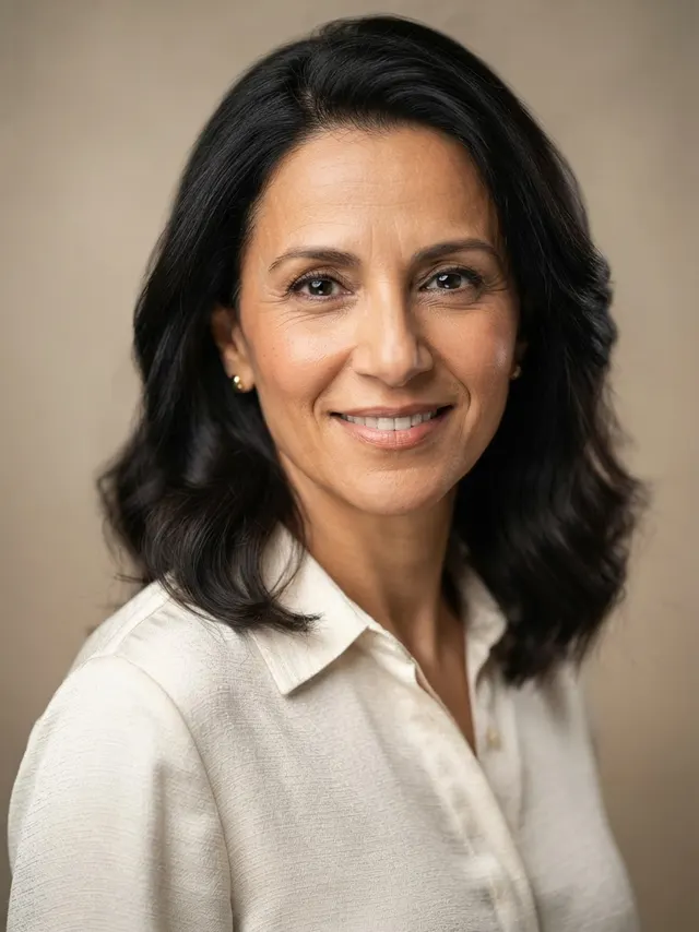 Professional AI headshot of a woman in a cream blouse on a neutral backdrop