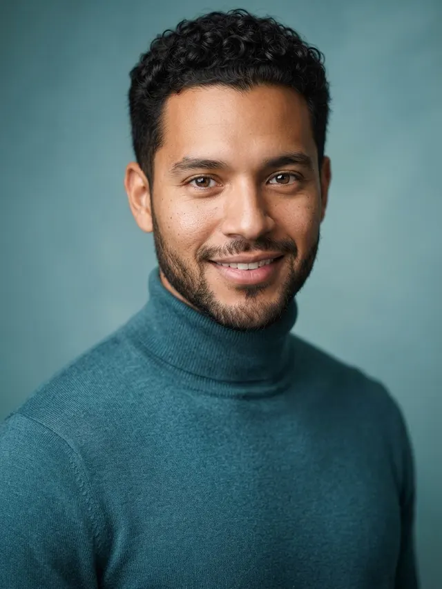 Professional AI headshot of a man in a teal turtleneck on a cool studio backdrop